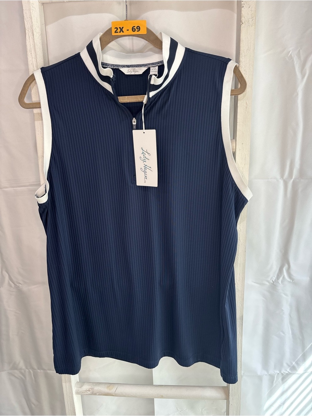 Lady Hagen Navy Sleeveless Ribbed Zip Polo with White Trim